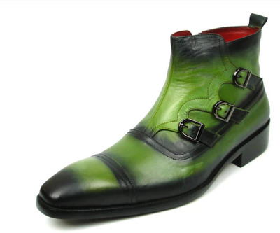 Handmade Men's Green two Tone Tripple Monk Customize Buckle Formal Boot