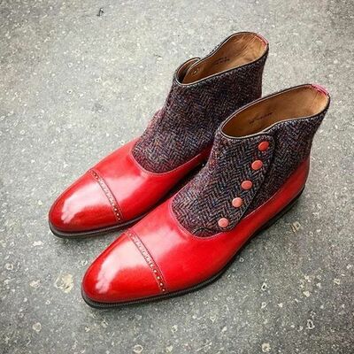Handmade men's red leather ideal contrast button fashion boot - Thumbnail 2