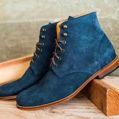 Handmade men's premium aqua blue pure suede chukka boots handcrafted ankle high lace up formal leather boots  - Thumbnail 2