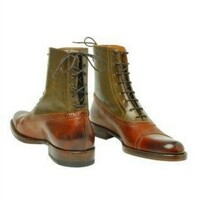 Handmade Men's Premium Brown & Green Patina Leather Boots Handcrafted Burnished Ankle High Dual Lace Up Leather Boots - Thumbnail 1