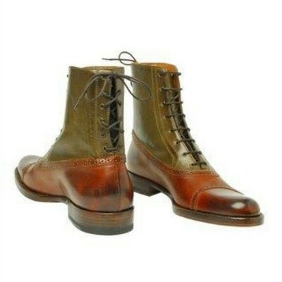 Handmade men's premium brown & green patina leather boots handcrafted burnished ankle high dual lace up leather boots - Thumbnail 2