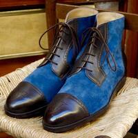 Men's Blue Black Awesome Contrast Handmade Cap Toe Lace Up Boot - Thumbnail 1
