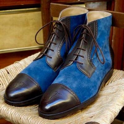 Men's blue black awesome contrast handmade cap toe lace up boot - Thumbnail 1