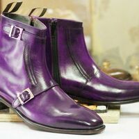 Men's Handmade Purple Leather Double Buckle Monk Straps Ankle Boots - Thumbnail 1