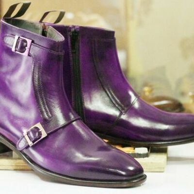 Men's handmade purple leather double buckle monk straps ankle boots - Thumbnail 2