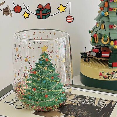 New christmas cup double-layered heat-resistant glass cup that is not hot and flows sequined christmas tree household water cup