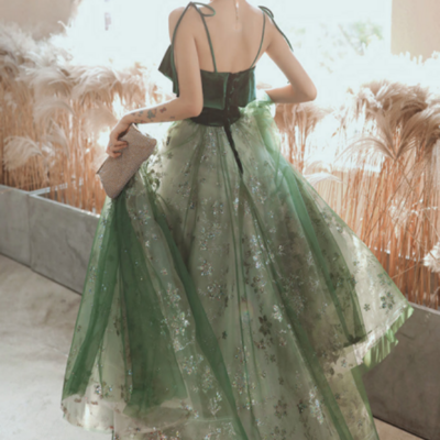 Dark green straps tulle with velvet party dress, green evening gown prom dress kpp1639