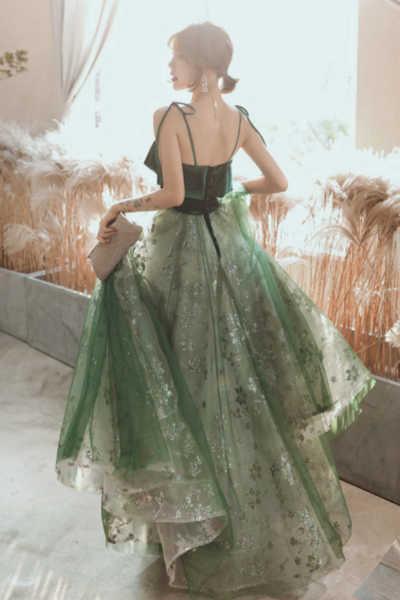 Dark Green Straps Tulle with Velvet Party Dress, Green Evening Gown Prom Dress KPP1639