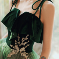 Dark Green Straps Tulle with Velvet Party Dress, Green Evening Gown Prom Dress KPP1639 - Thumbnail 2