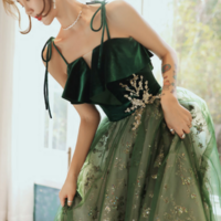 Dark Green Straps Tulle with Velvet Party Dress, Green Evening Gown Prom Dress KPP1639 - Thumbnail 3