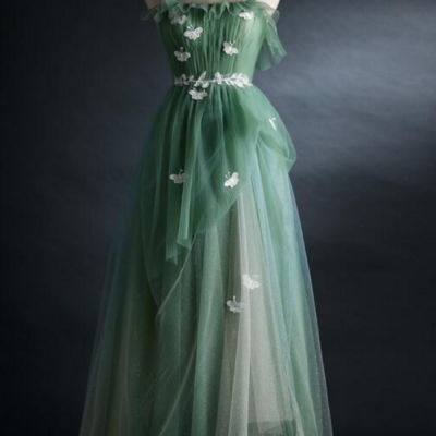 Green straps tulle floor length a line prom dress, tulle scoop party dress evening dress kpp1640