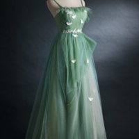 Green Straps Tulle Floor Length A Line Prom Dress, Tulle Scoop Party Dress Evening Dress KPP1640 - Thumbnail 1