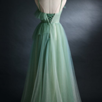 Green Straps Tulle Floor Length A Line Prom Dress, Tulle Scoop Party Dress Evening Dress KPP1640 - Thumbnail 2