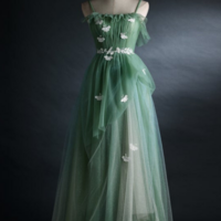 Green Straps Tulle Floor Length A Line Prom Dress, Tulle Scoop Party Dress Evening Dress KPP1640 - Thumbnail 3