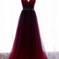 Wine Red V Neckline Beaded Tulle Long Party Dress, A Line Gradient Prom Dress  KPP1641 - Thumbnail 1