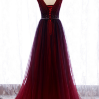 Wine Red V Neckline Beaded Tulle Long Party Dress, A Line Gradient Prom Dress  KPP1641 - Thumbnail 2