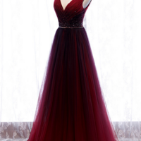 Wine Red V Neckline Beaded Tulle Long Party Dress, A Line Gradient Prom Dress  KPP1641 - Thumbnail 3