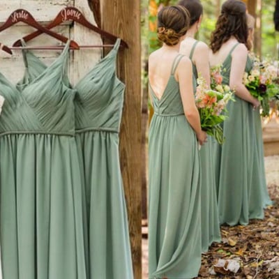 Sage straps bridesmaid dresses for wedding party - Thumbnail 2