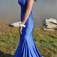 Royal Blue V-Neck Mermaid Beaded Long Prom Dress - Thumbnail 1