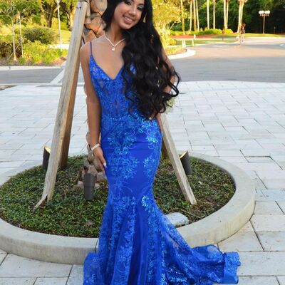 Trumpet sequins lace prom dresses, spaghetti straps long party dress - Thumbnail 1