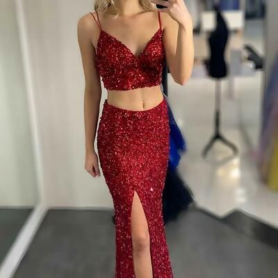 Two pieces prom dress, dark red party dress, sequins prom dresses