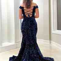 Navy Blue Prom Dresses, Off The Shoulder Prom Dress, Sequins Mermaid Evening Dress, Custom Made Party Dress - Thumbnail 1