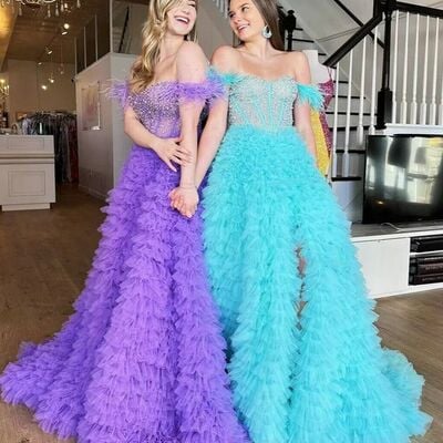 Off the shoulder feather tiered ruffles long evening prom dresses
