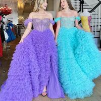 Off The Shoulder Feather Tiered Ruffles Long Evening Prom Dresses - Thumbnail 2