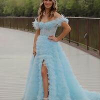 Pink Off The Shoulder Tulle Feather Prom Dresses - Thumbnail 4