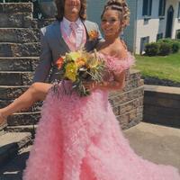 Pink Off The Shoulder Tulle Feather Prom Dresses - Thumbnail 1