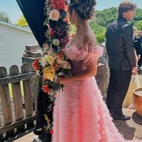 Pink Off The Shoulder Tulle Feather Prom Dresses - Thumbnail 2