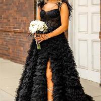 Pink Off The Shoulder Tulle Feather Prom Dresses - Thumbnail 6