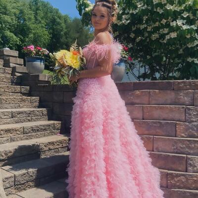 Pink off the shoulder tulle feather prom dresses