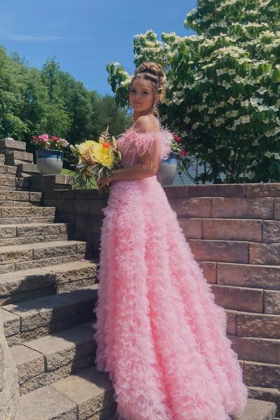 Pink Off The Shoulder Tulle Feather Prom Dresses