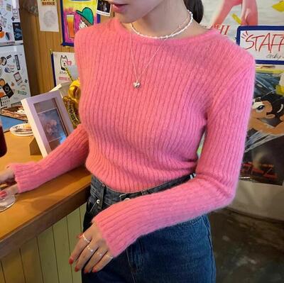 Candy Color Crew Neck Slim Knit Sweater