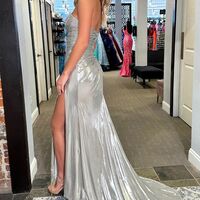 PSY866,Sparkle Silver Satin Beaded Split Long Prom Dress - Thumbnail 3