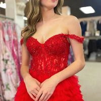 PSY867,Off The Shoulder Red Tiered Tulle Long Formal Prom Dress - Thumbnail 1