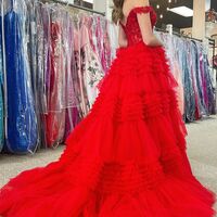 PSY867,Off The Shoulder Red Tiered Tulle Long Formal Prom Dress - Thumbnail 2