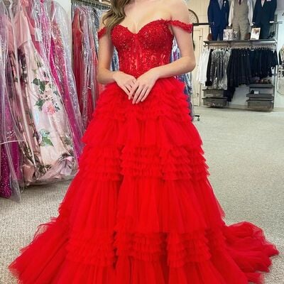 Psy867,off the shoulder red tiered tulle long formal prom dress