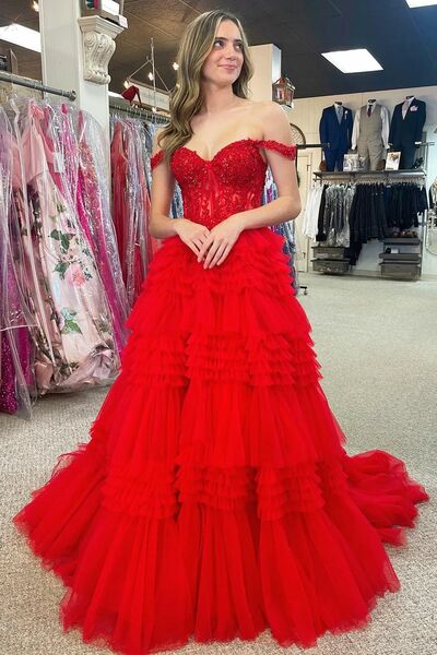 PSY867,Off The Shoulder Red Tiered Tulle Long Formal Prom Dress