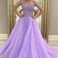 PSY869,Sweetheart Applique Beaded Tiered Tulle Prom Dress - Thumbnail 7