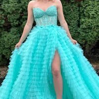 PSY869,Sweetheart Applique Beaded Tiered Tulle Prom Dress - Thumbnail 8