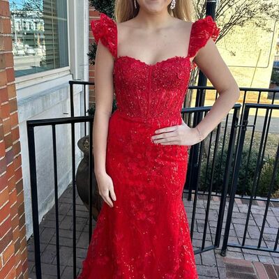 Psy870,off the shoulder red applique mermaid prom dress