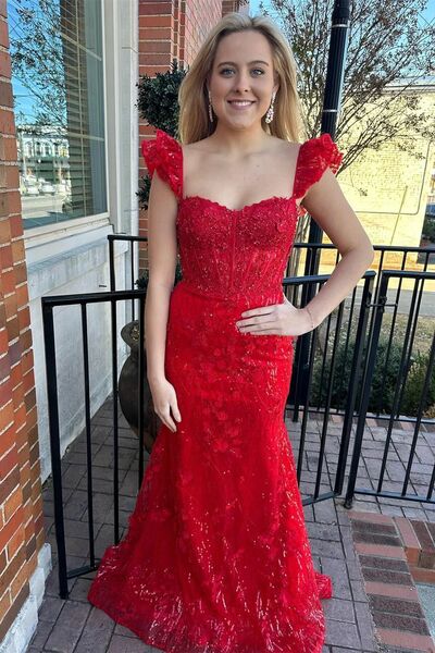 PSY870,Off The Shoulder Red Applique Mermaid Prom Dress