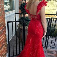 PSY870,Off The Shoulder Red Applique Mermaid Prom Dress - Thumbnail 1