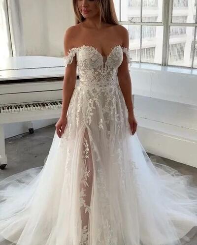 Off the Shoulder Ivory Lace Wedding Dress Bridal Gown