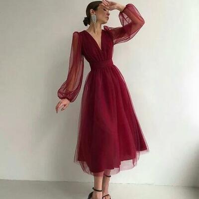 Beautiful red tulle prom dresses evening gowns - Thumbnail 4