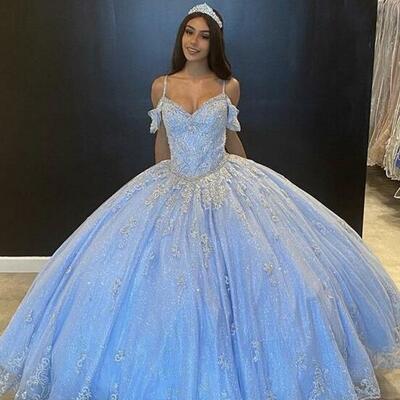 Elegant blue tulle prom dresses with lace