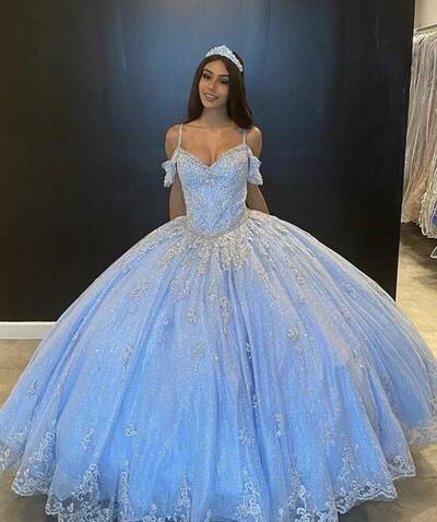 Elegant Blue Tulle Prom Dresses With Lace