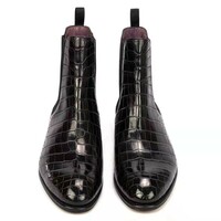 Solid color pointed toe Martin boots wear-resistant crocodile pattern stitched boots - Thumbnail 1